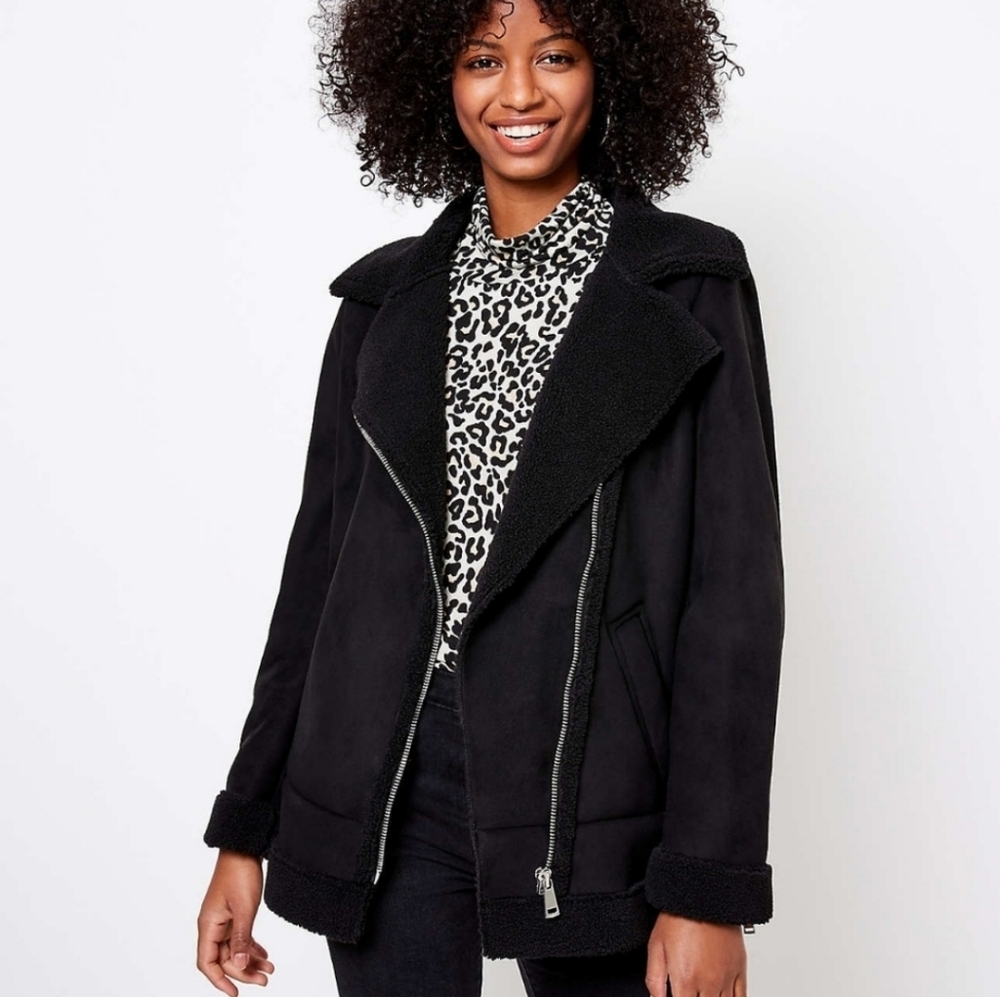 NWT LOFT Faux Suede Aviator Coat Color Black